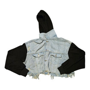 Dance & Marvel Small Long Sleeve Hooded Button Up Distressed Denim Jacket